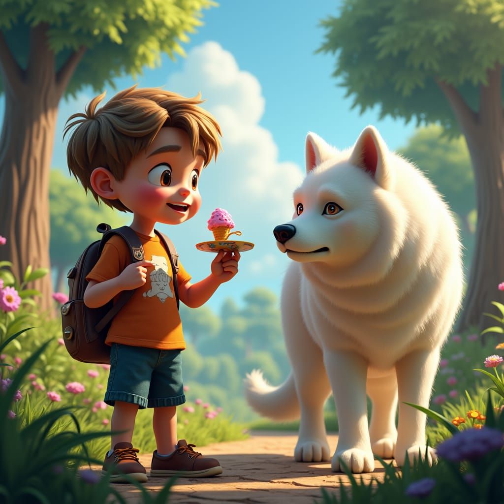 Boy and Dog in Garden, Fantasy Concept Art