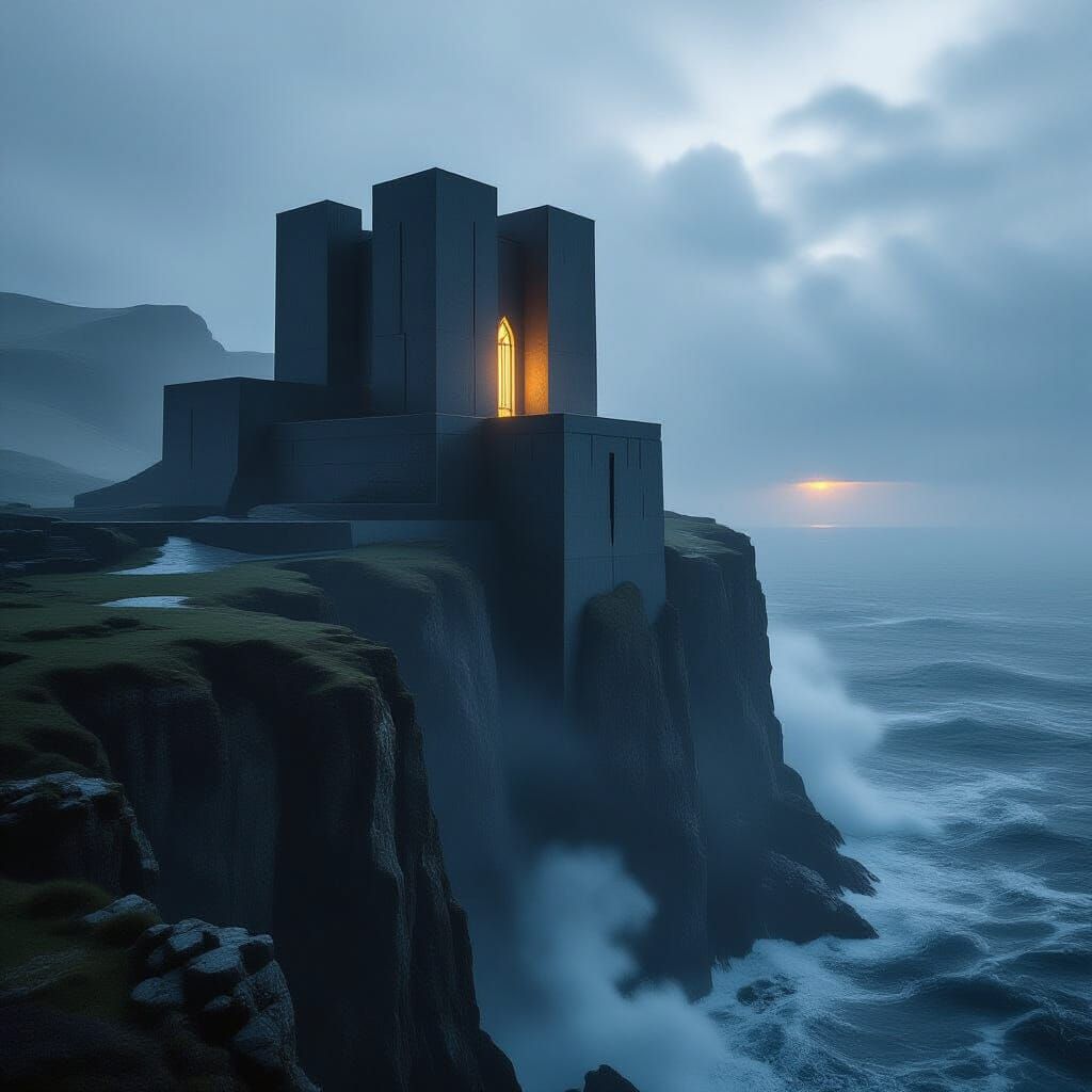 Imposing Brutalist Fortress on Stormy Cliff