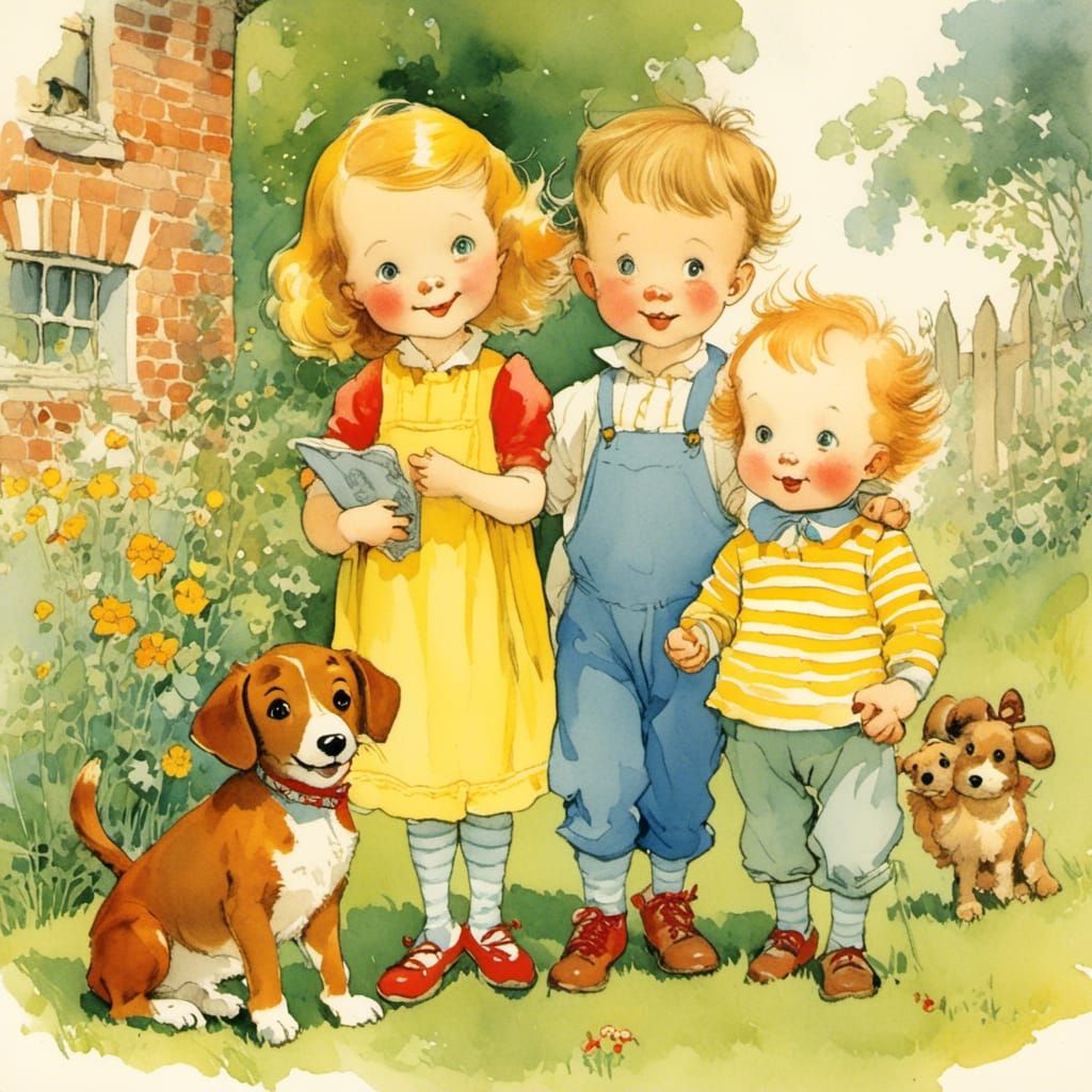 Toddler Siblings and Dog in Children's Book Style