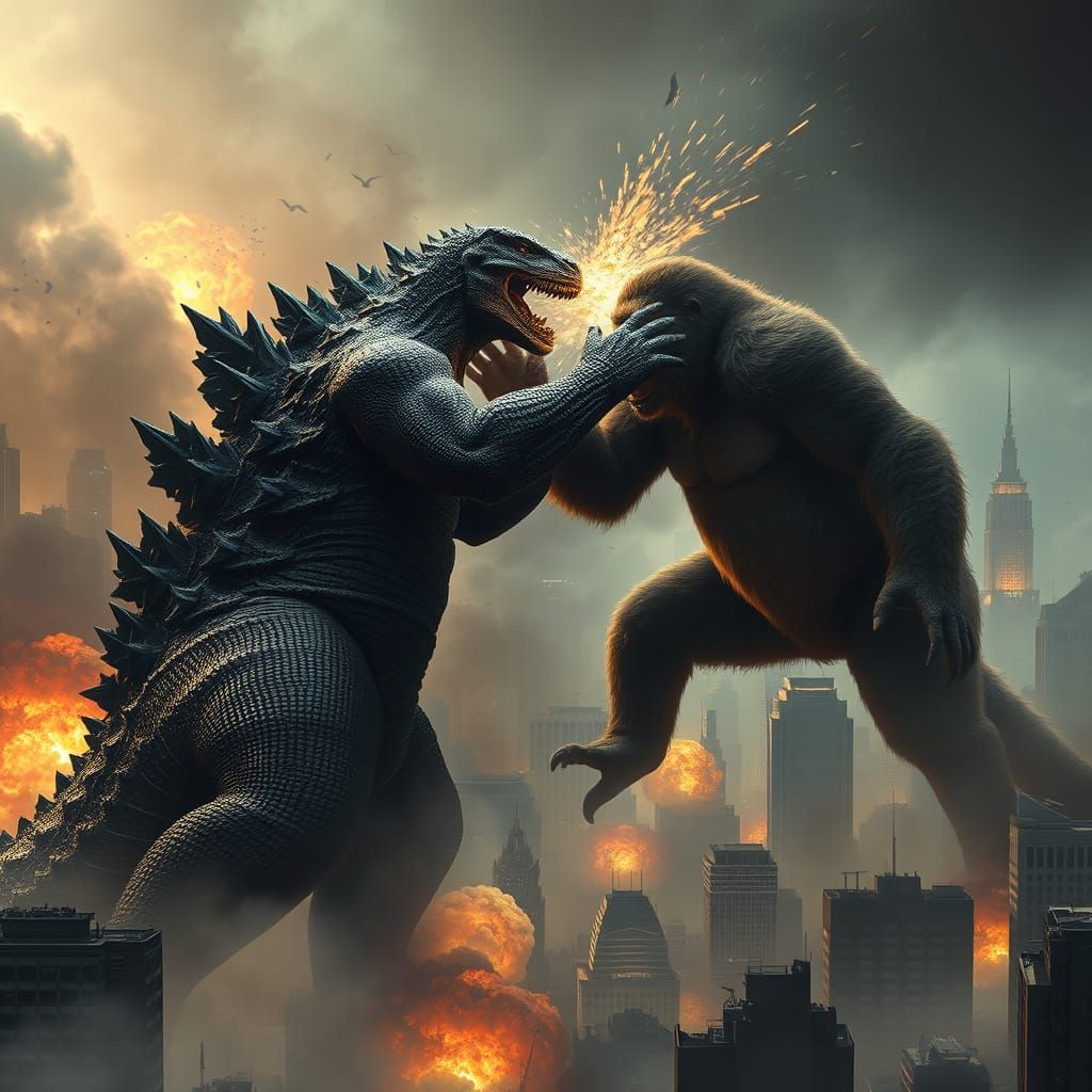 Godzilla Battles Kong in a Ruined Cityscape