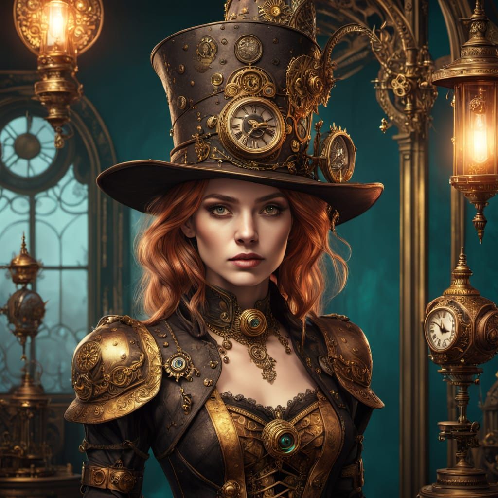 Steampunk Witch in Ornate Mechanical Interior