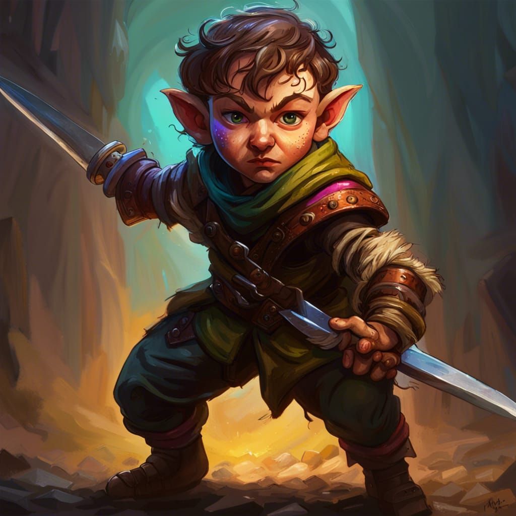 Halfling Rogue with Booming Blade in Splash Art Style
