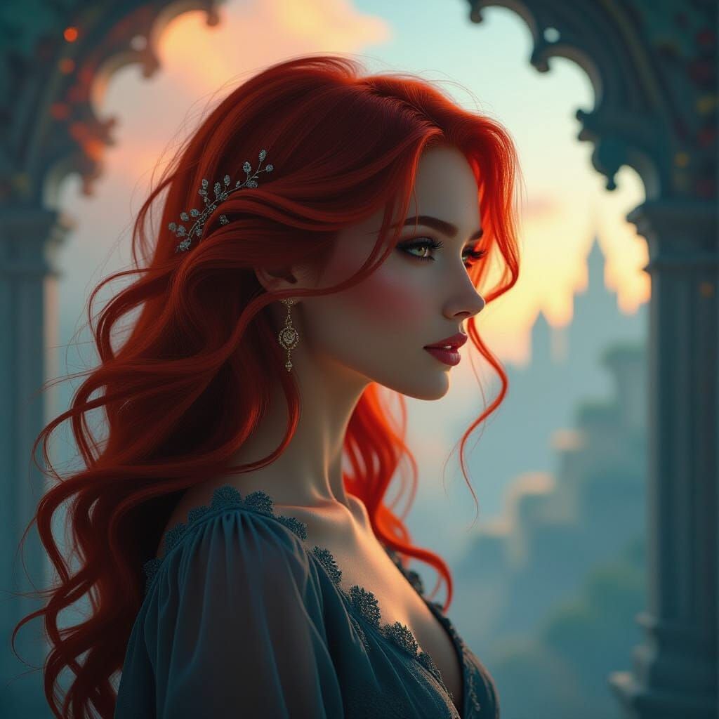Surreal Dreamscape: Red-Haired Woman Silhouette