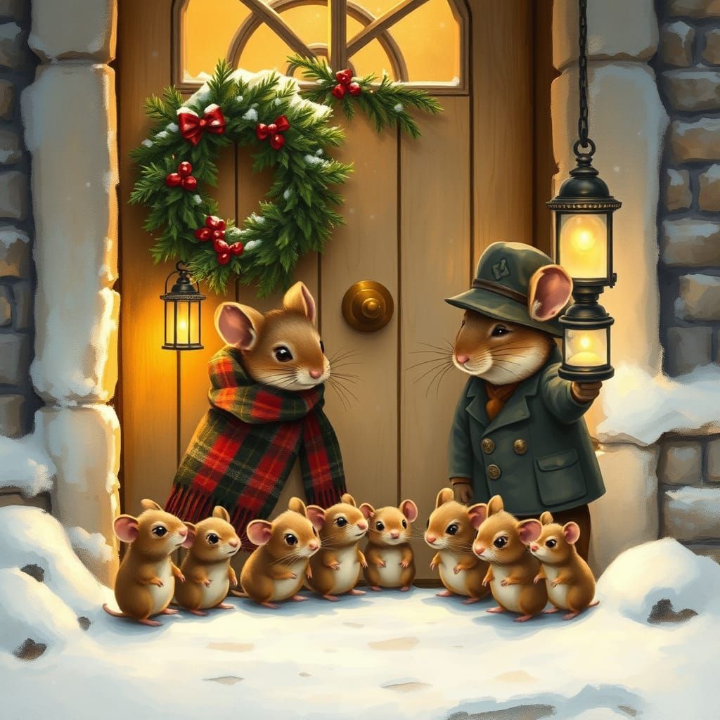 Whimsical Victorian Mice Gather at a Snow-Dusted Door