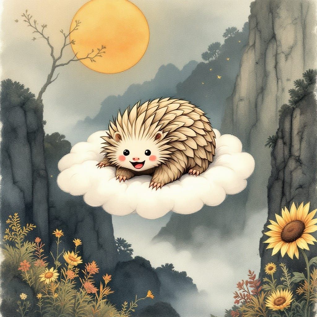 Exaggerated Chibi Pangolin in Whimsical Cloudscape