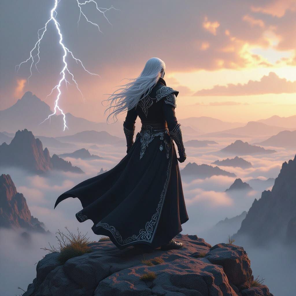 Drow Elf Overlooking Stormy Valley in Dark Fantasy Style