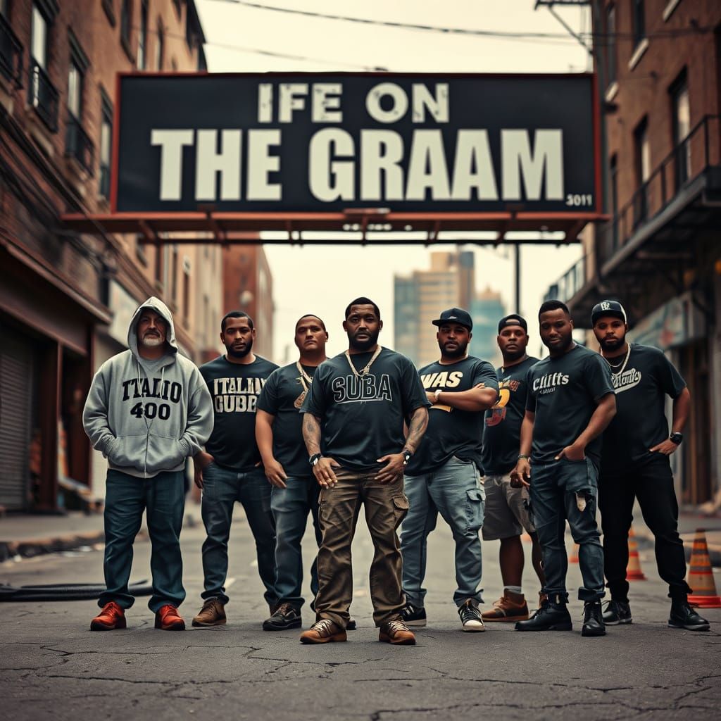 Urban Street Scene with Bold Sign and Confident Gangsters