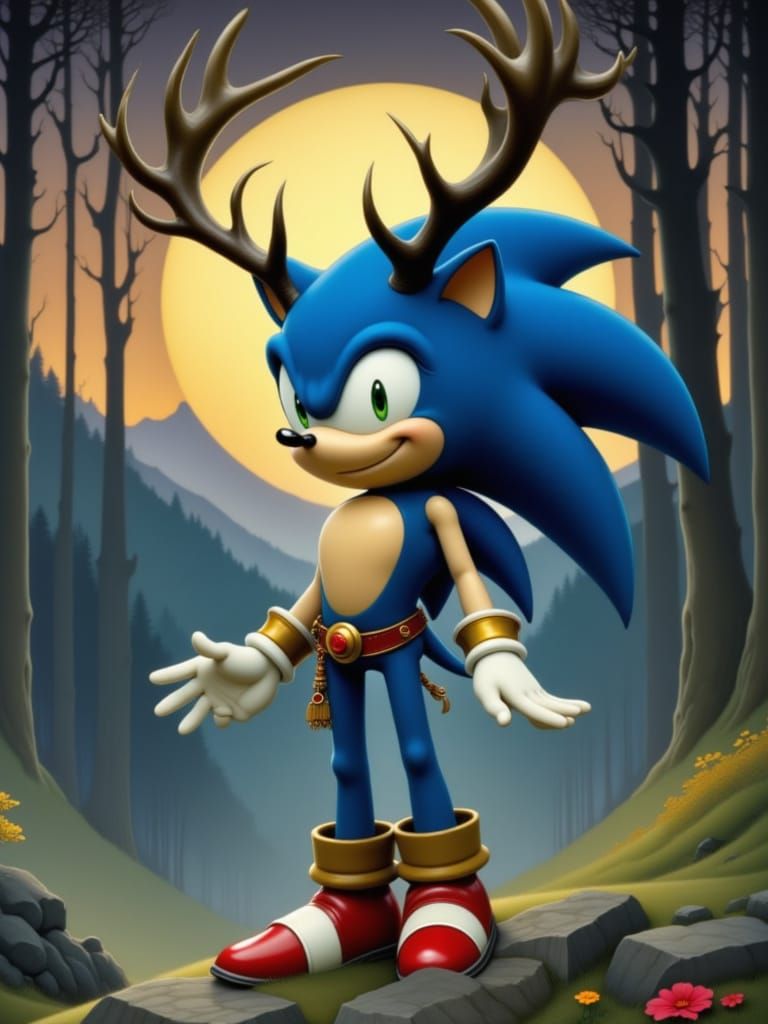 <lora:AntlerFolx:1.0> Sonic Hedgehog with large stag antlers, full body pose