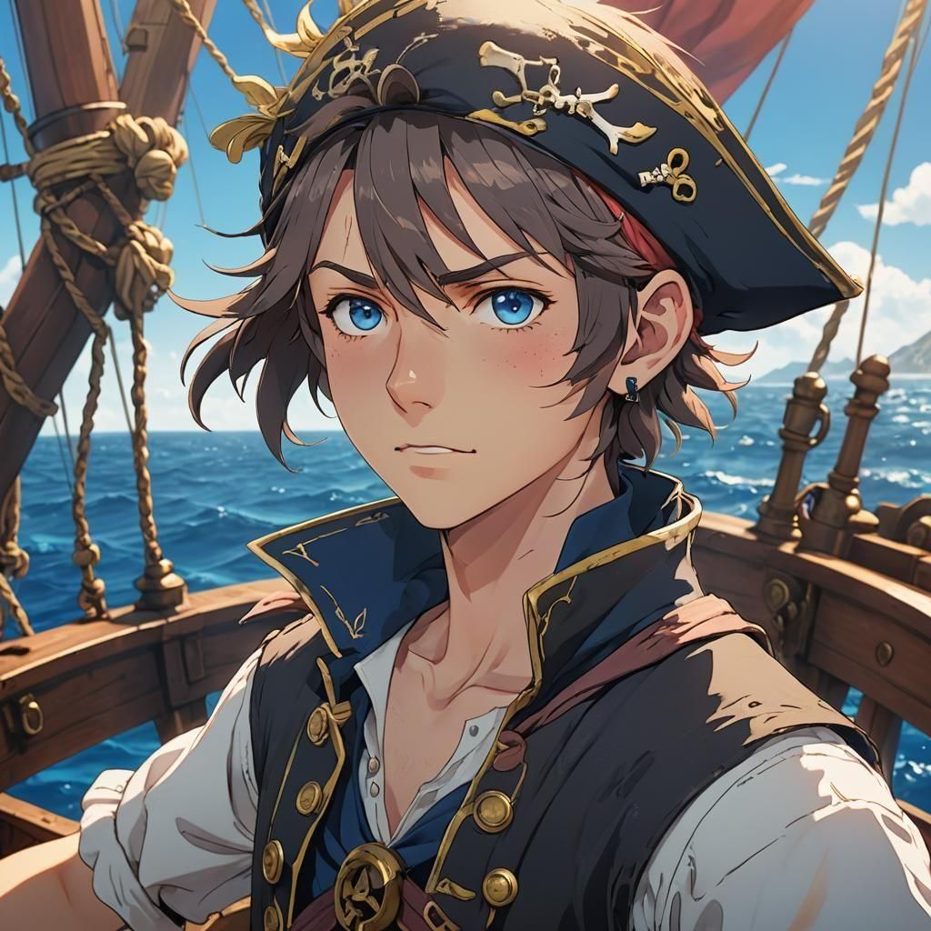 Anime Teen Pirate Steers Ship on Sunny Day