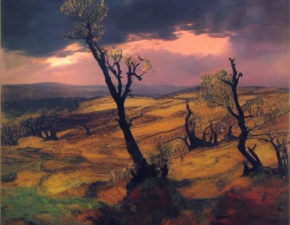 Stormy Moorland Landscape with Pines and Birches