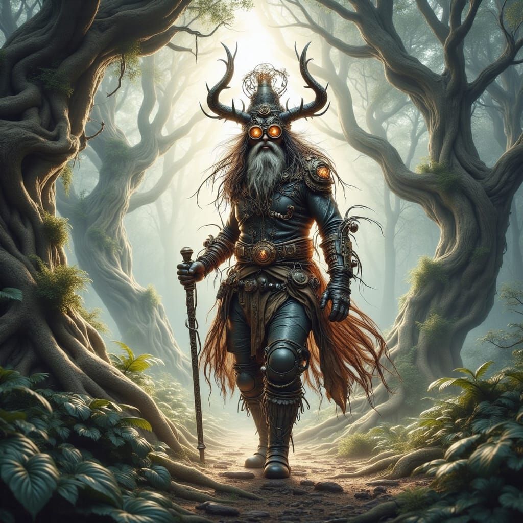 Steampunk Druid in Ancient Forest, Alcohol Ink Art