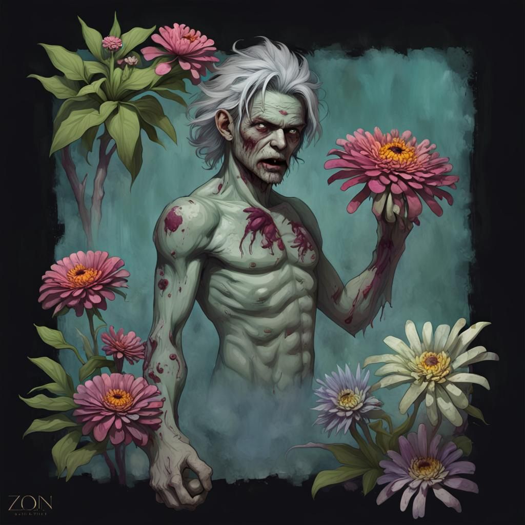 Surreal 'Z' Composition: Zombie, Flowers, and More