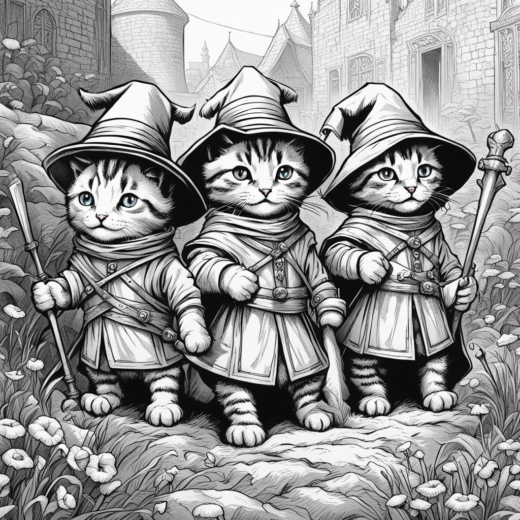 Kittens as Canterbury Pilgrims in Black and White