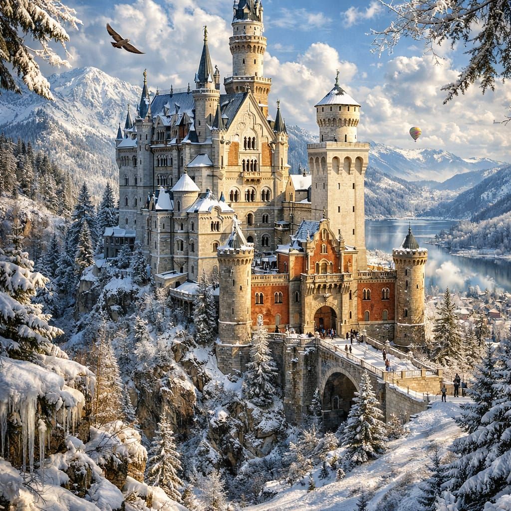 Hyperrealistic Neuschwanstein Castle in Snow Digital Paintin...