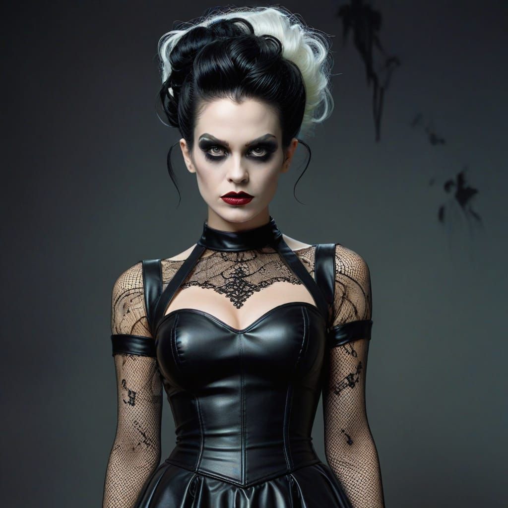 A woman dressed as the Bride of Frankenstein with the bouffa...