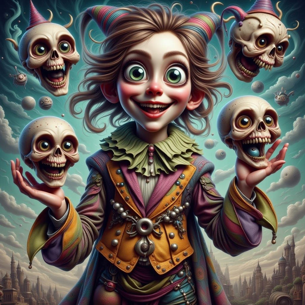 Macabre Jester Juggling Skulls in Candy Cloud Sky