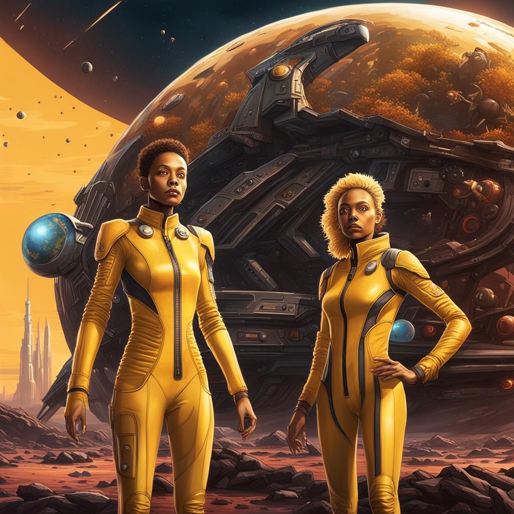 Alien Women on Planet with Red Sun, Detailed Art