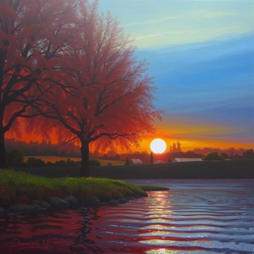 Peaceful Village Sunrise Oil Painting