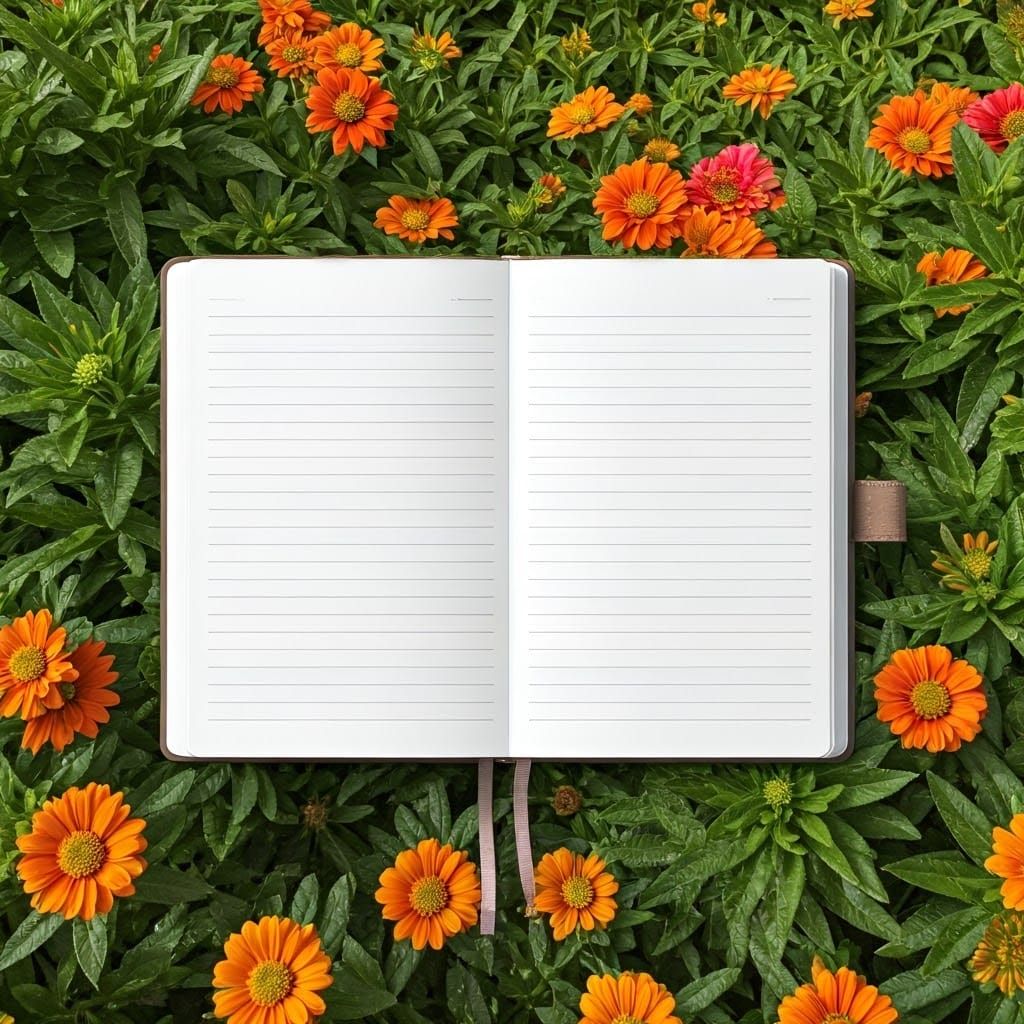 Blank Notebook Page Spread with Garden Backdrop