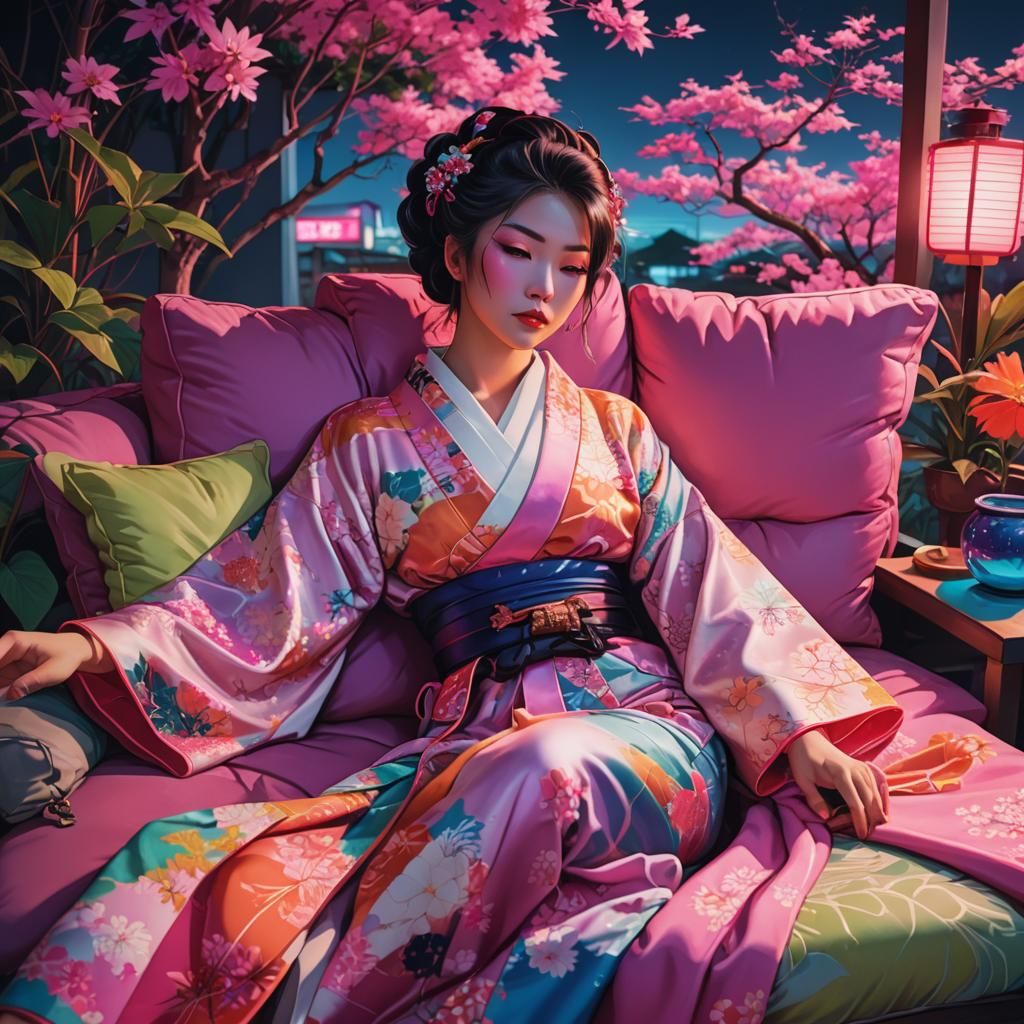 Japanese Woman in Kimono: Synthwave Neon Portrait