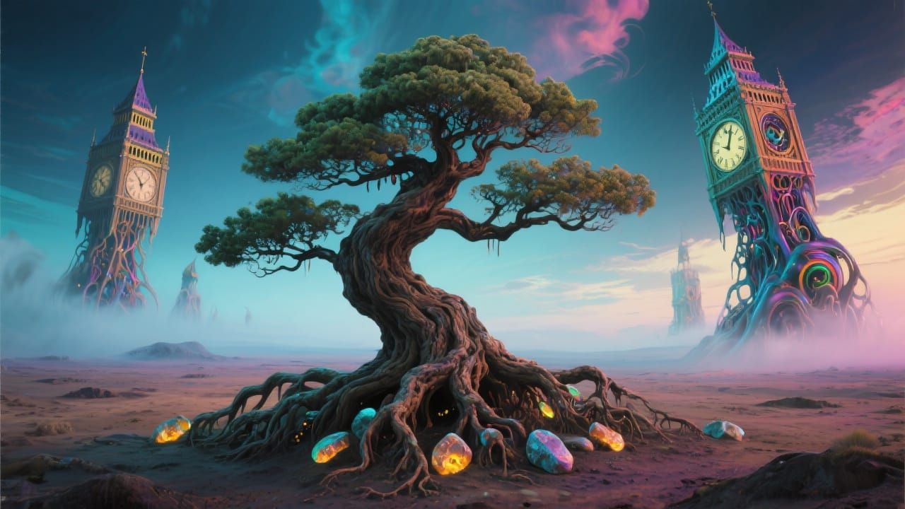 Surreal Bonsai Tree with Melting Clock Towers
