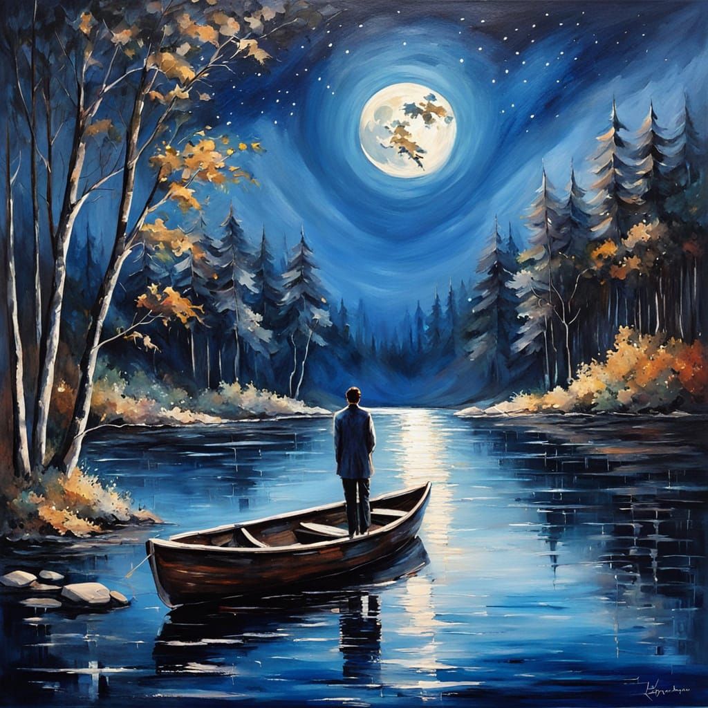 Romantic Moonlit Lake Encounter: A Woman Awaits