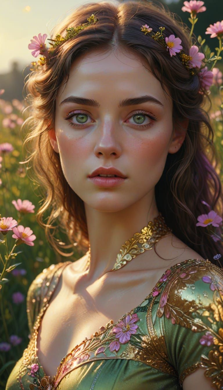 Luminous Goddess Amidst Vibrant Spring Blooms