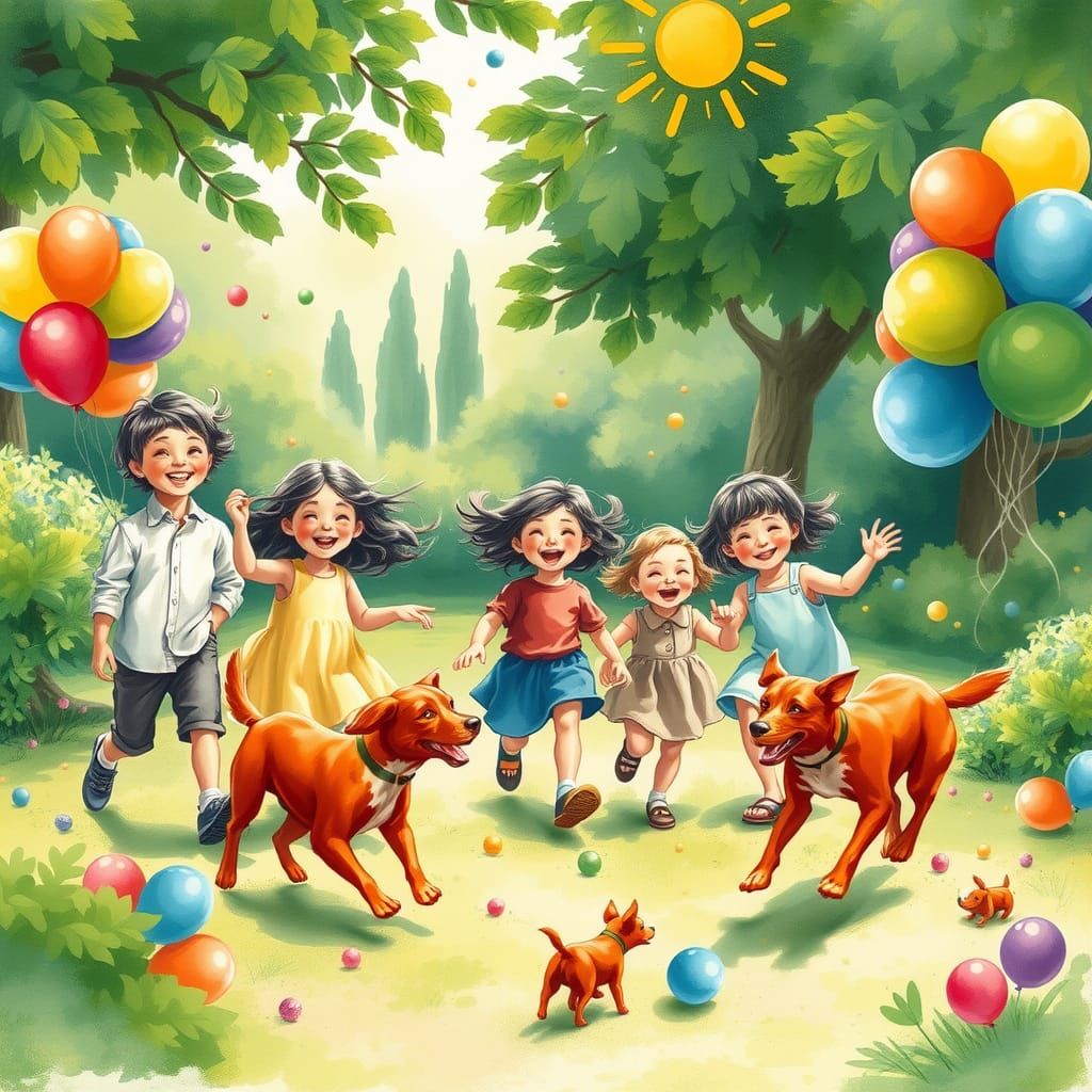 Children Playing in Park as Whimsical Watercolor