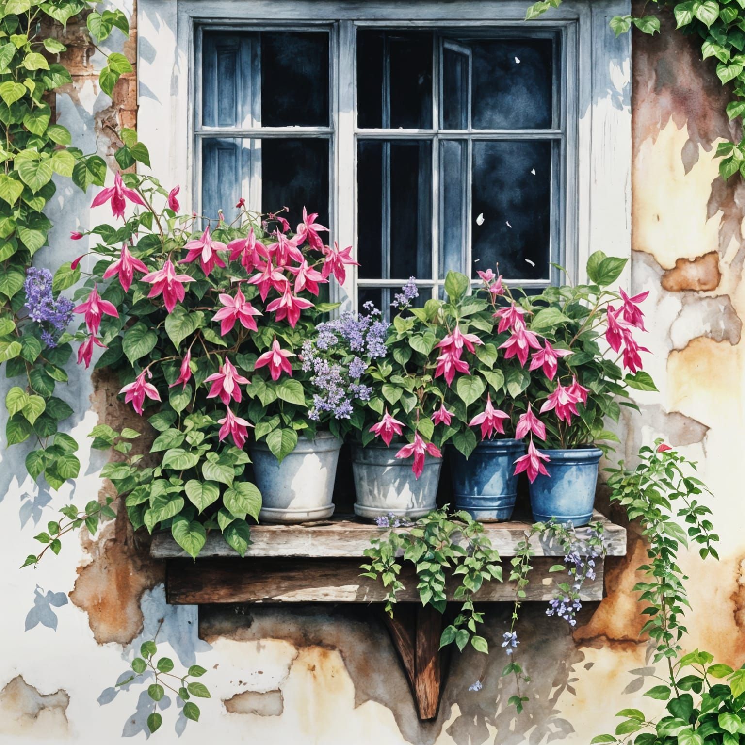 Watercolor Fuchsias Bloom on Cottage Window