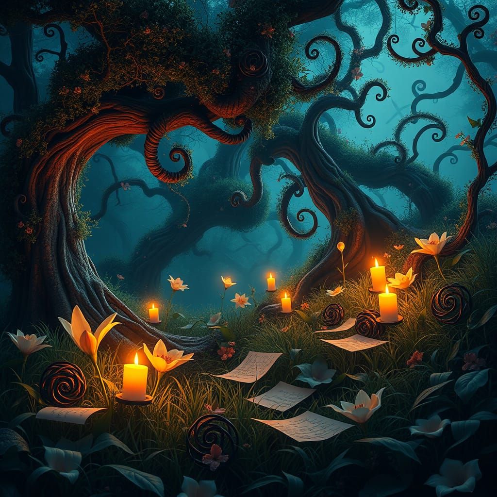 Dreamlike Nature Scene with Swirling Spirals and Lush Greene...