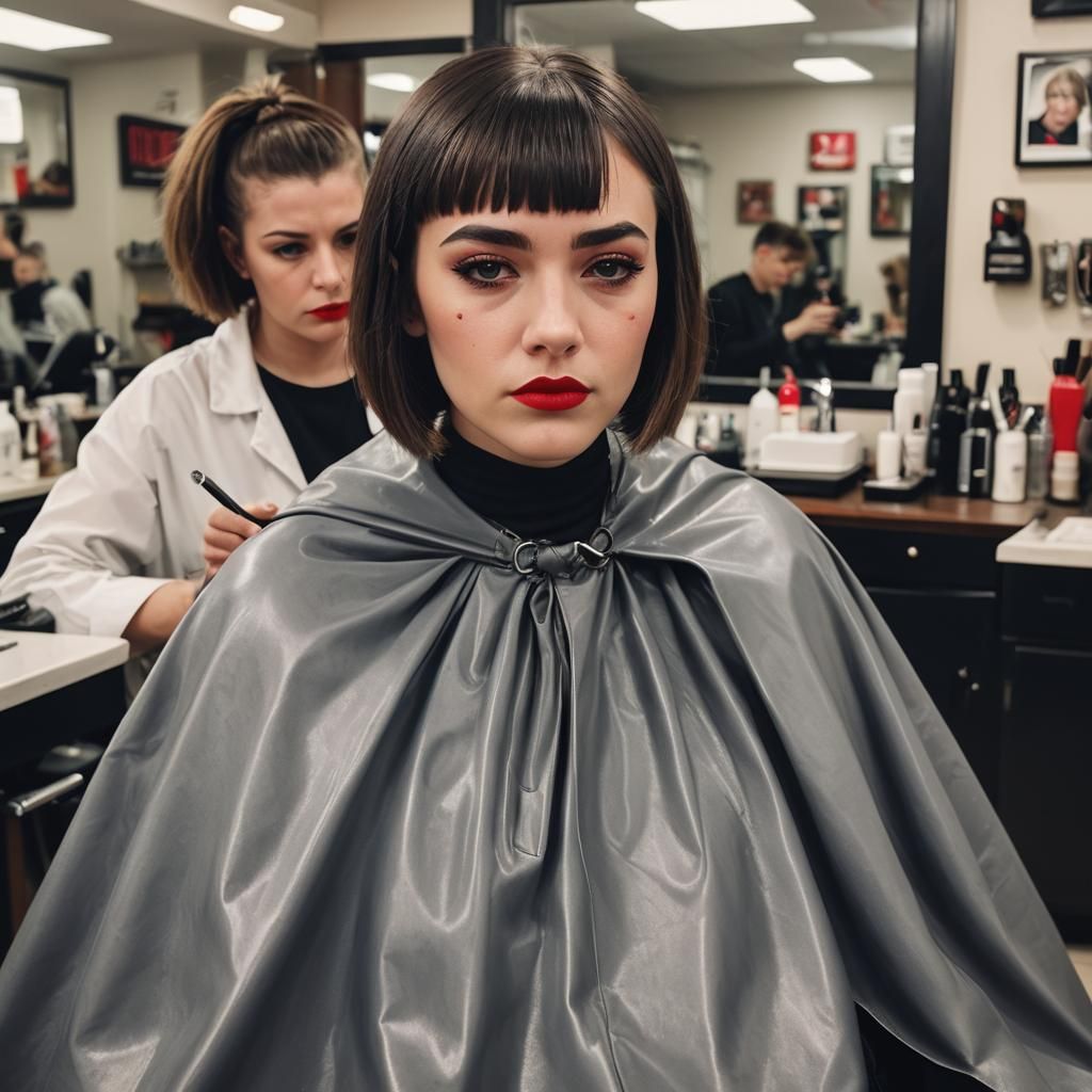 Distraught Teen with Short Bob in Barbershop Portrait