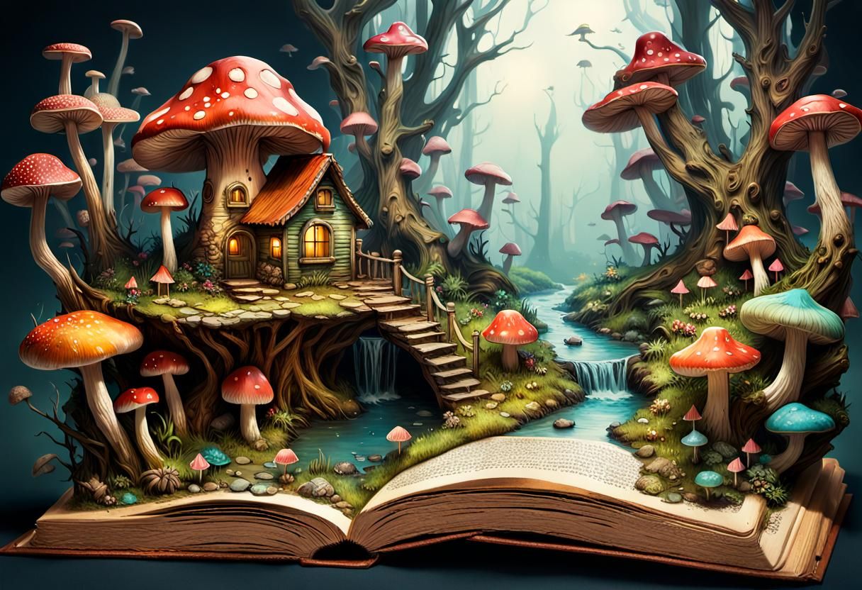 Miniature Fairy Homes in Aged Book, 3D Render