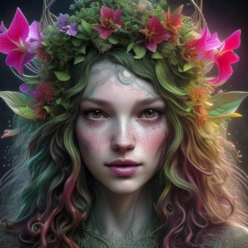 Enchanting Elf Pixie in Floral Garden, Digital Art