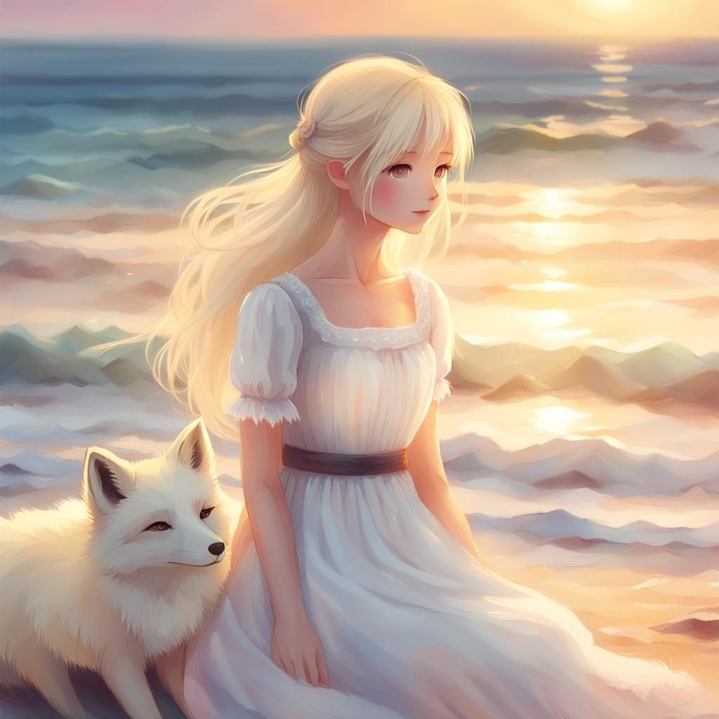 Girl and Fox at Beach in Watercolor Anime Style