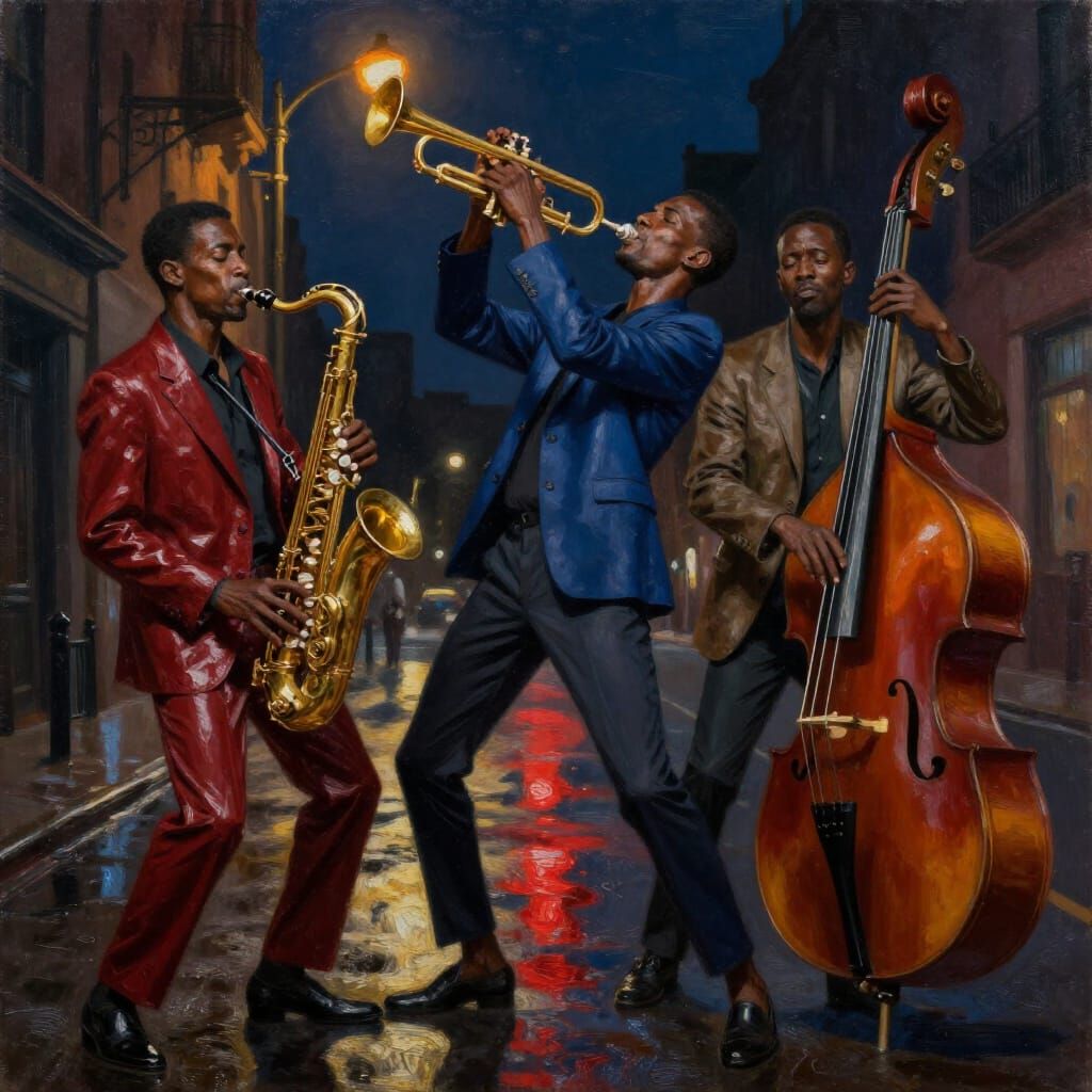 Neo-Mannerist Musicians in Midnight Cityscape