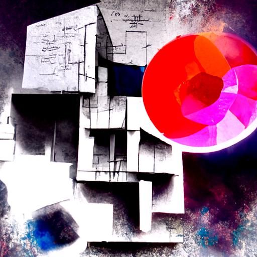 Brutalist Geometric Atom Fusion Flowchart in Mixed Media