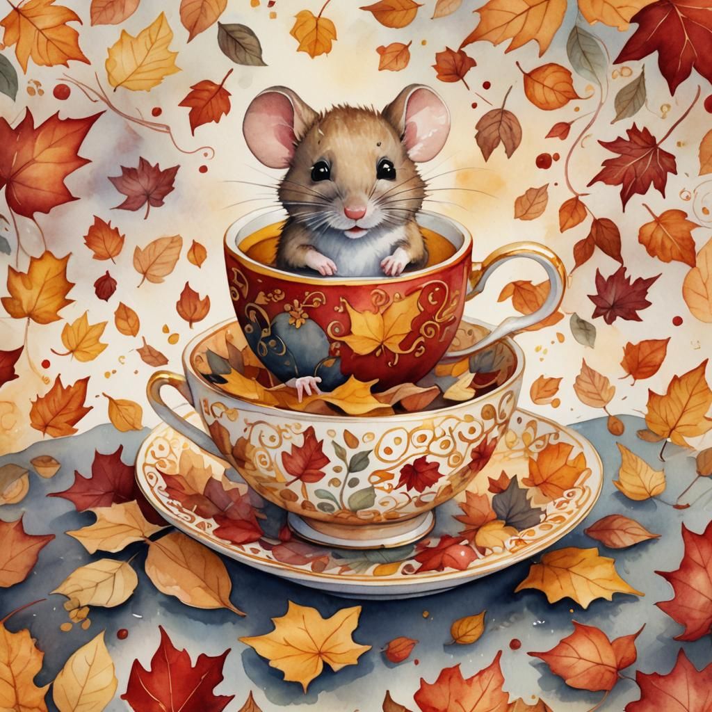 Mouse in Teacup: Whimsical Watercolor Autumn Scene