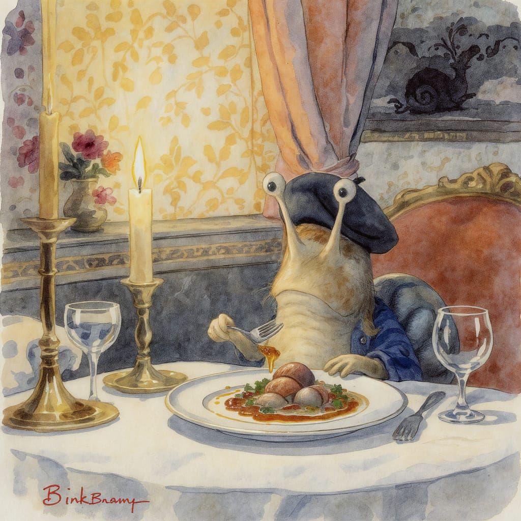 Snail Sid Savors Escargot, Watercolor Illustration