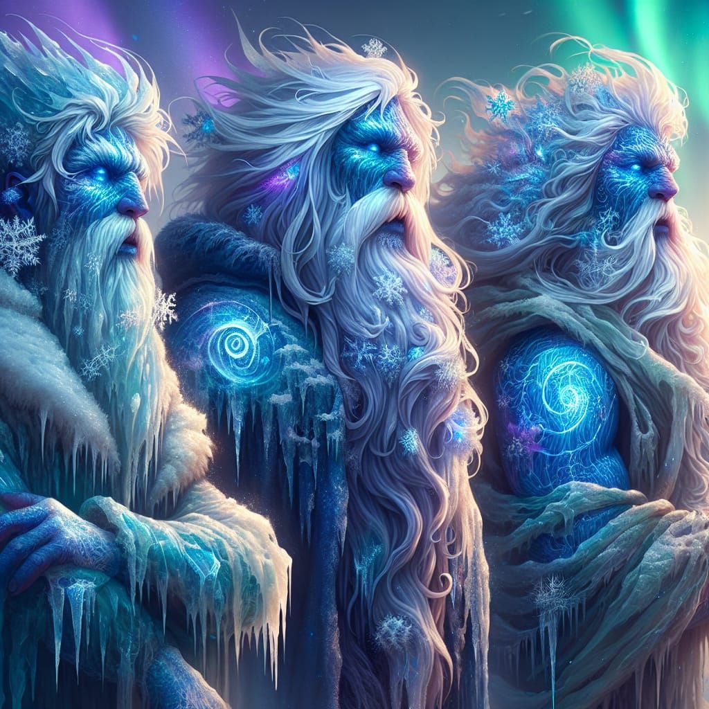 Ancient Glacial Beings in Northern Lights Aura