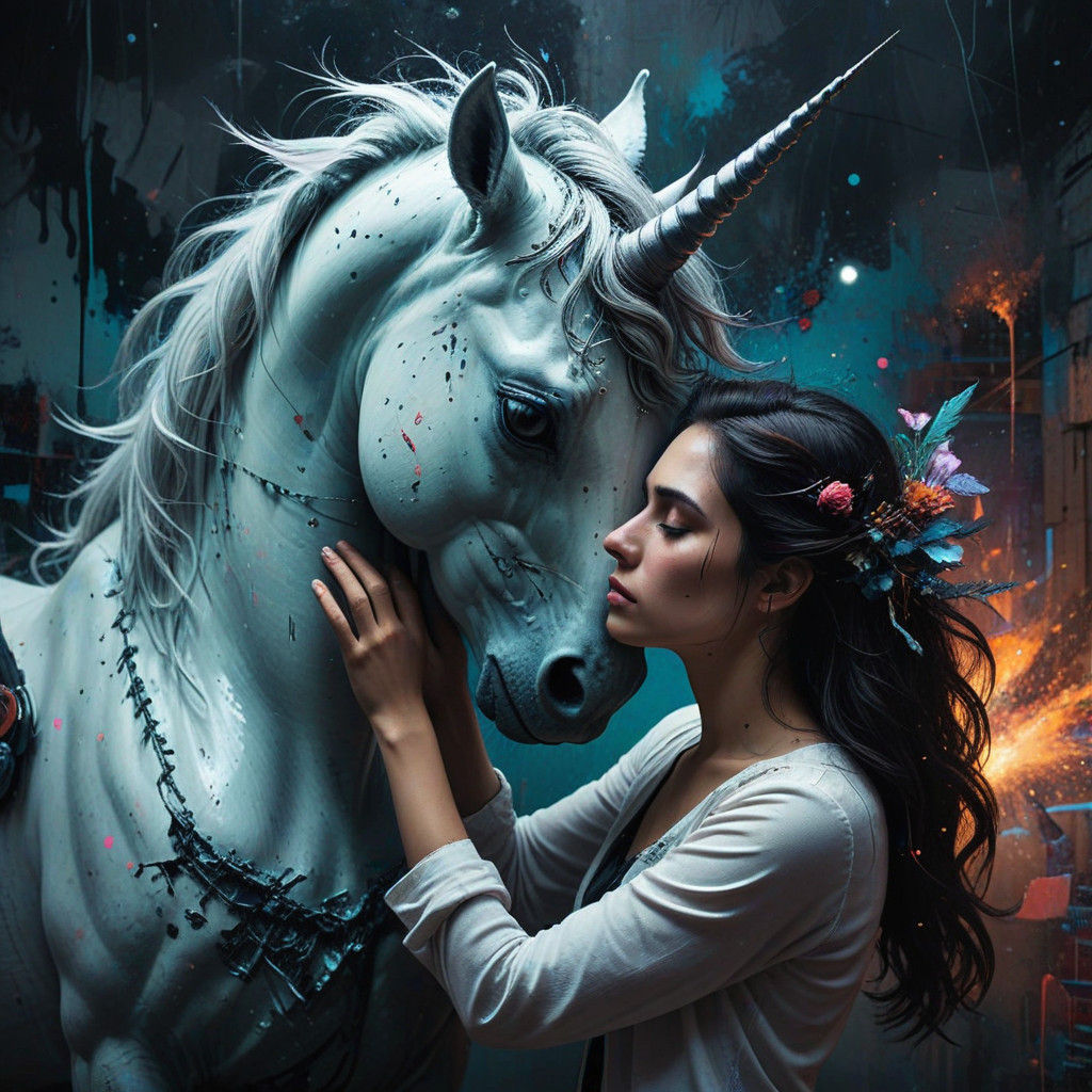Serene Latina Woman and Majestic Unicorn in Cosmic Realm