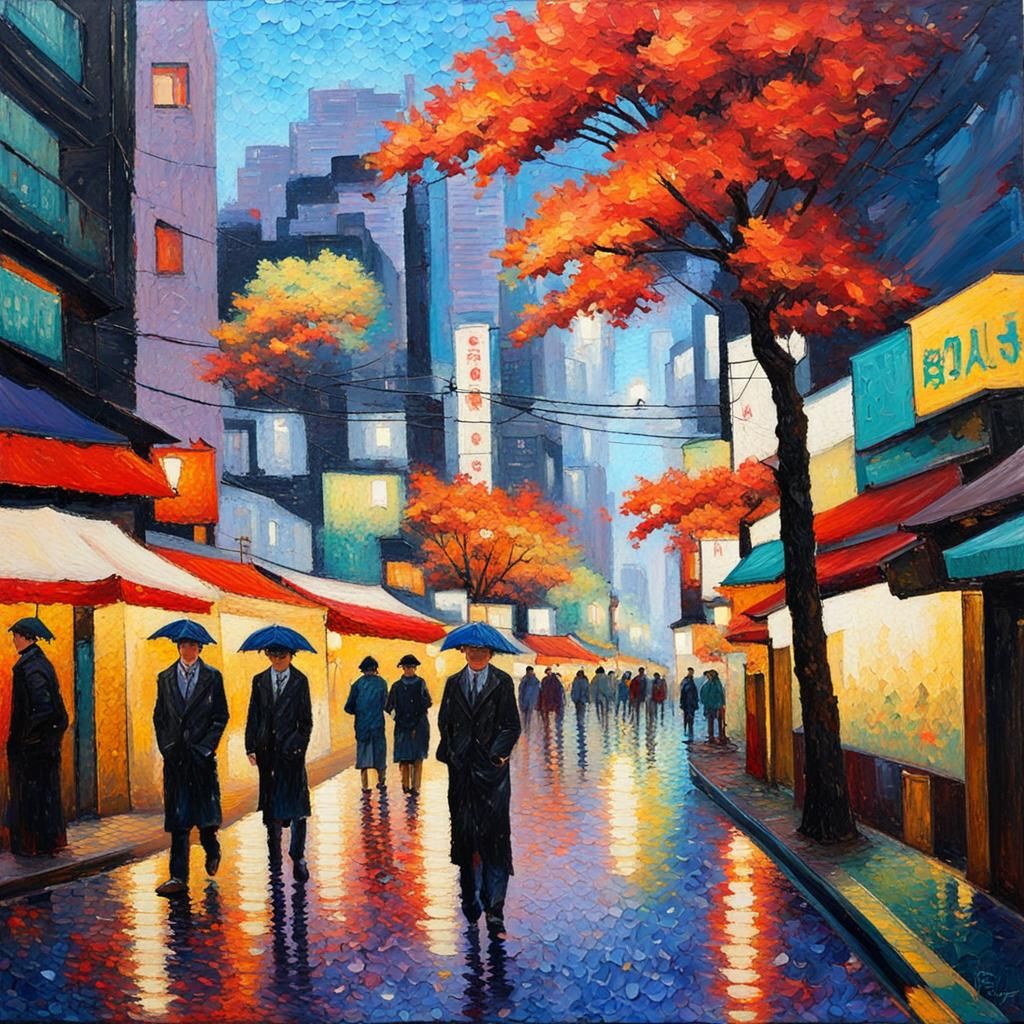 Tokyo in Neo-Impressionist Expressionist Oil Painting