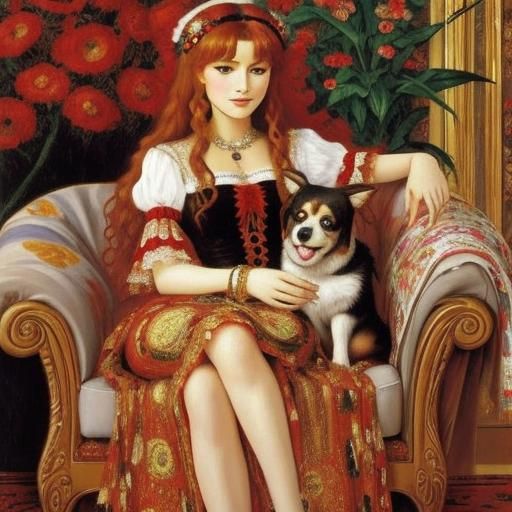 Woman Petting Dog in Style of Classic Painters