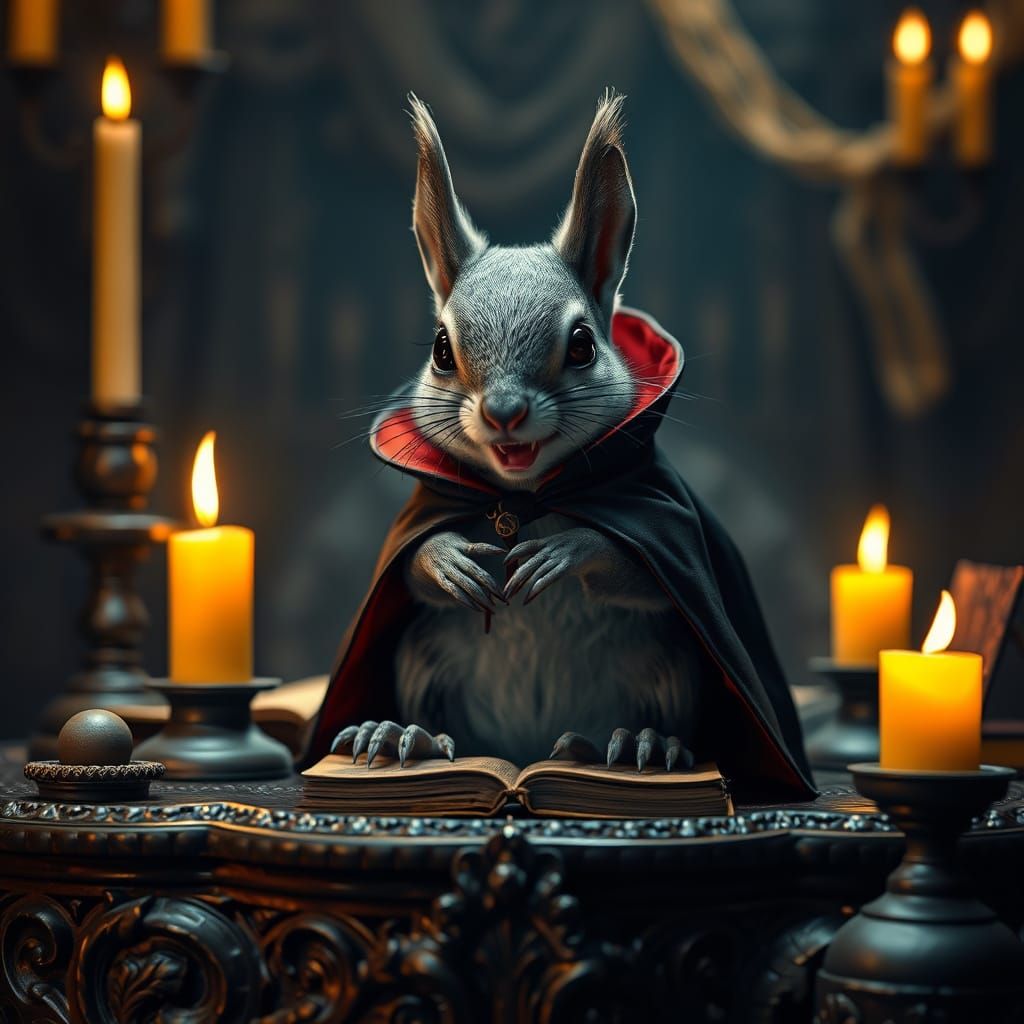 Ethereal Vampire Squirrel on a Haunted Table