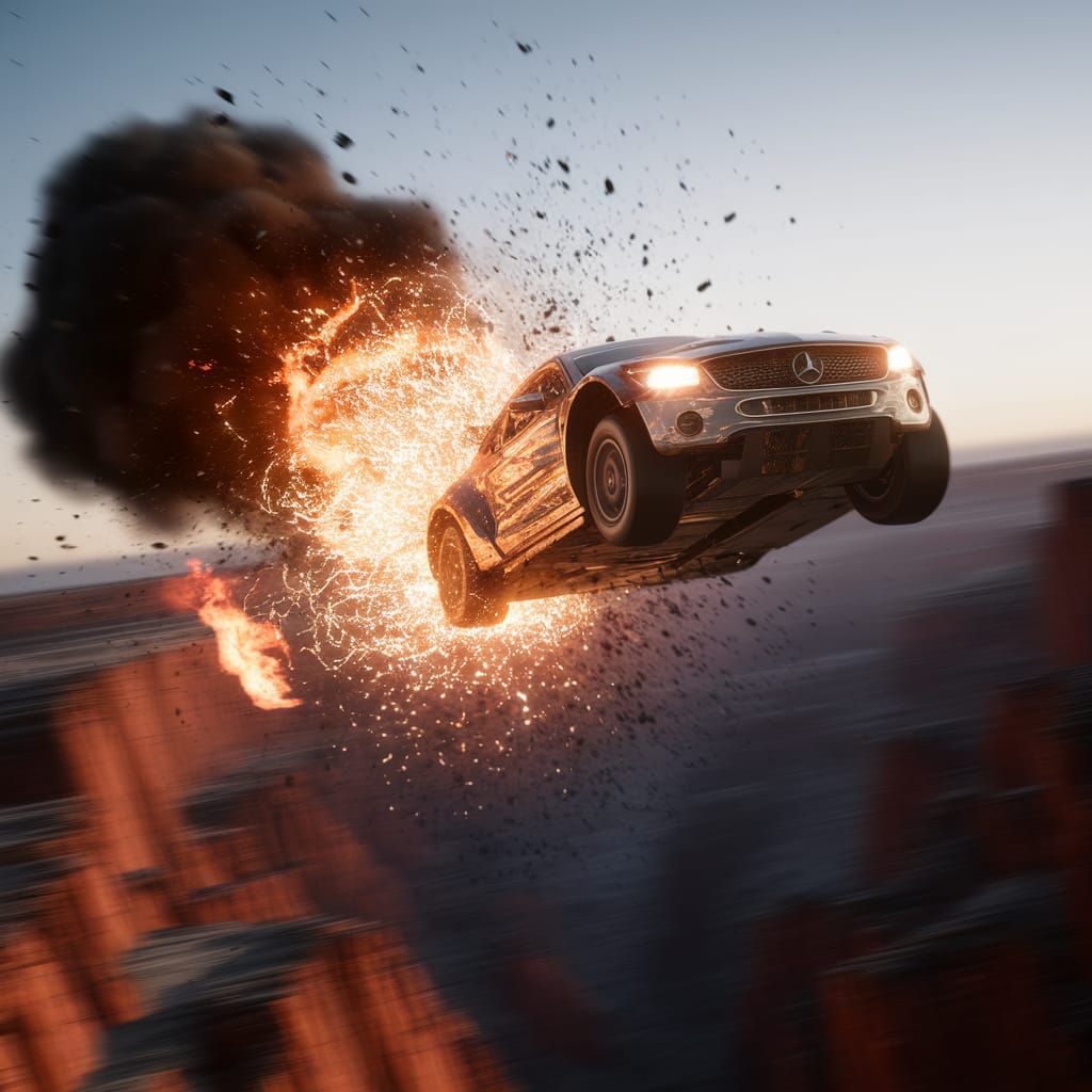 Race Car Canyon Jump Explosion in Cinematic Style