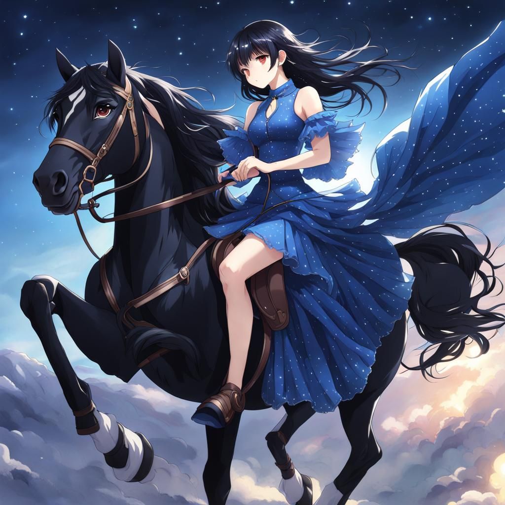 Anime Girl Riding Black Horse Under Starry Sky