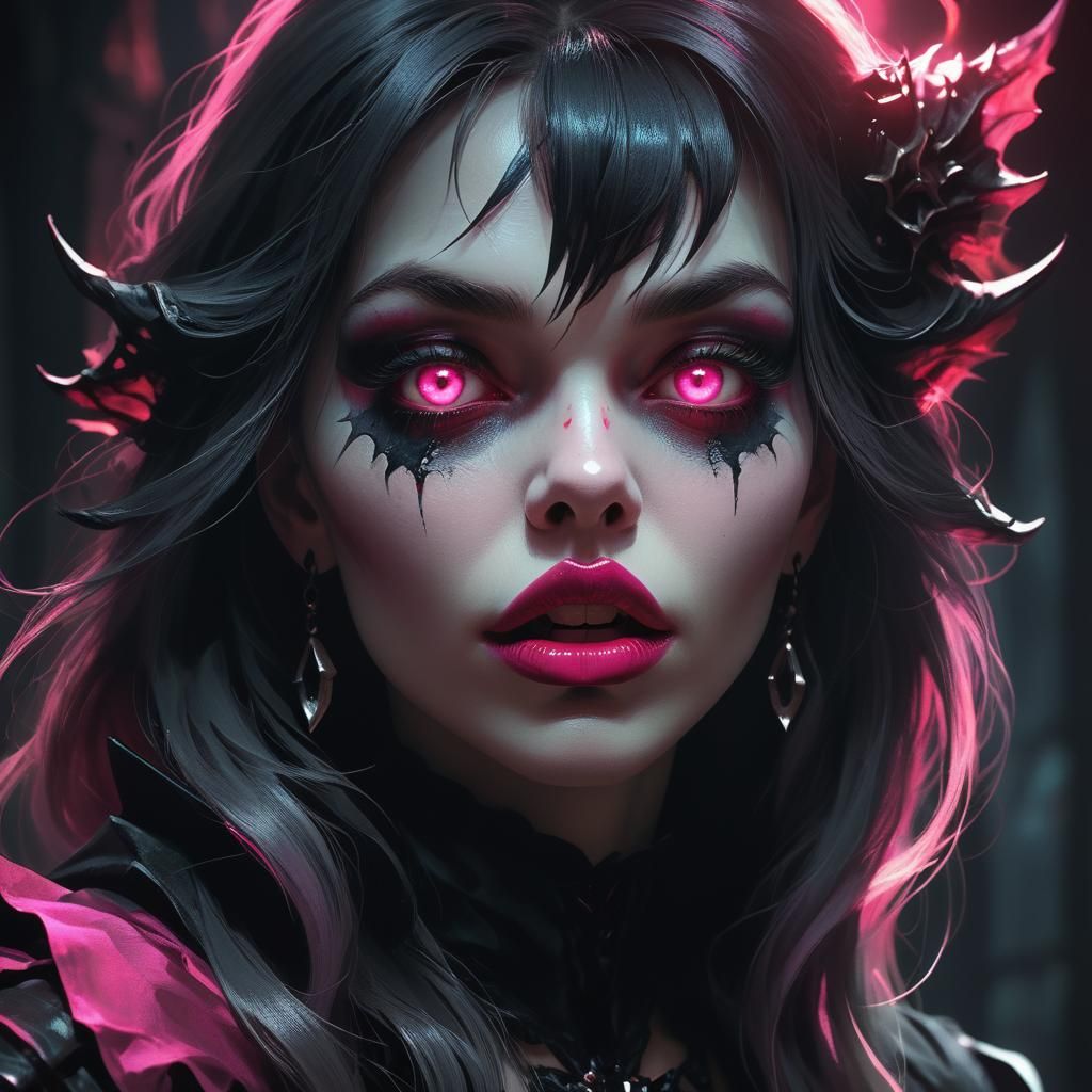 Eerie Dark Fantasy Witch with Glowing Pink Eyes