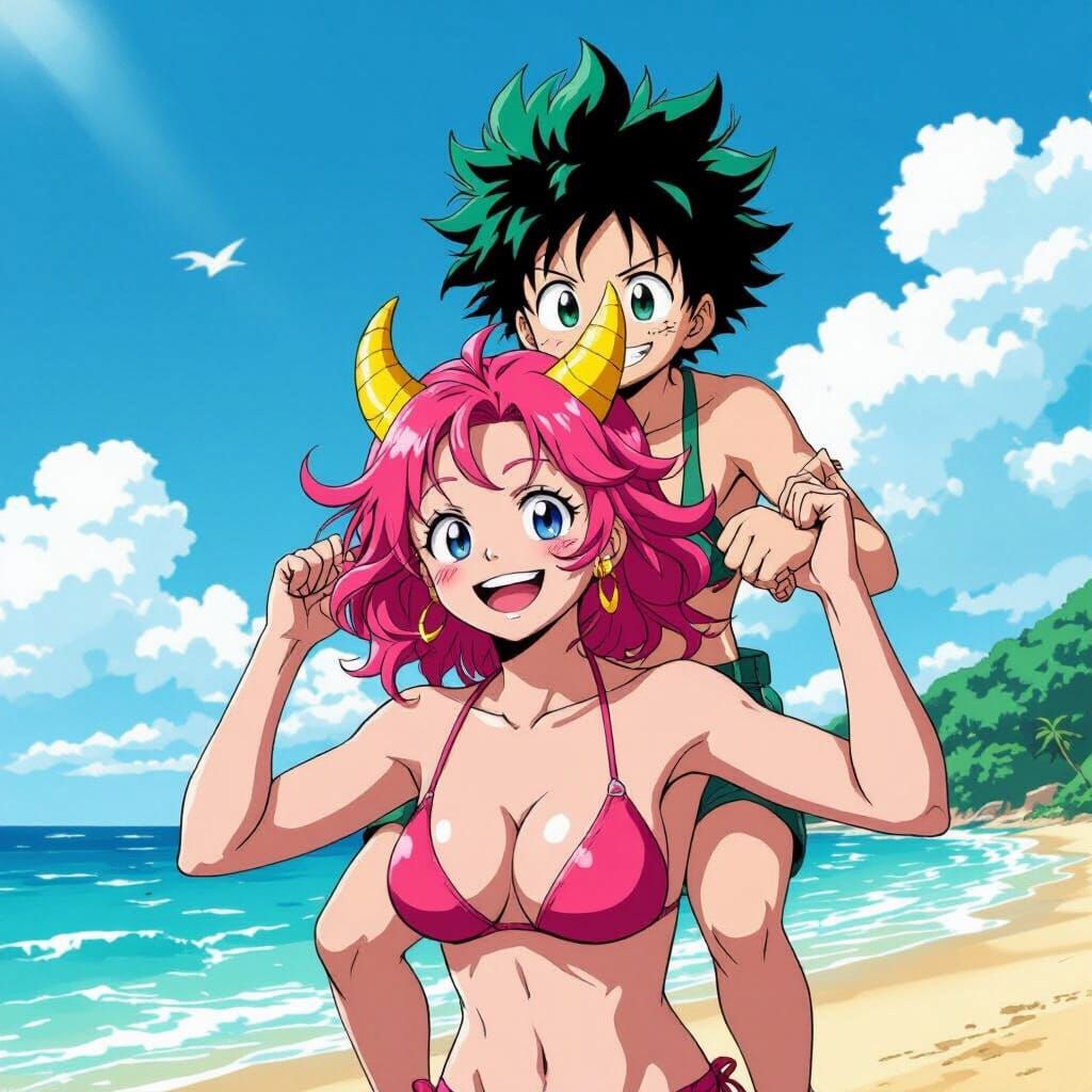 Mina Ashido Carries Izuku Midoriya, Anime Art