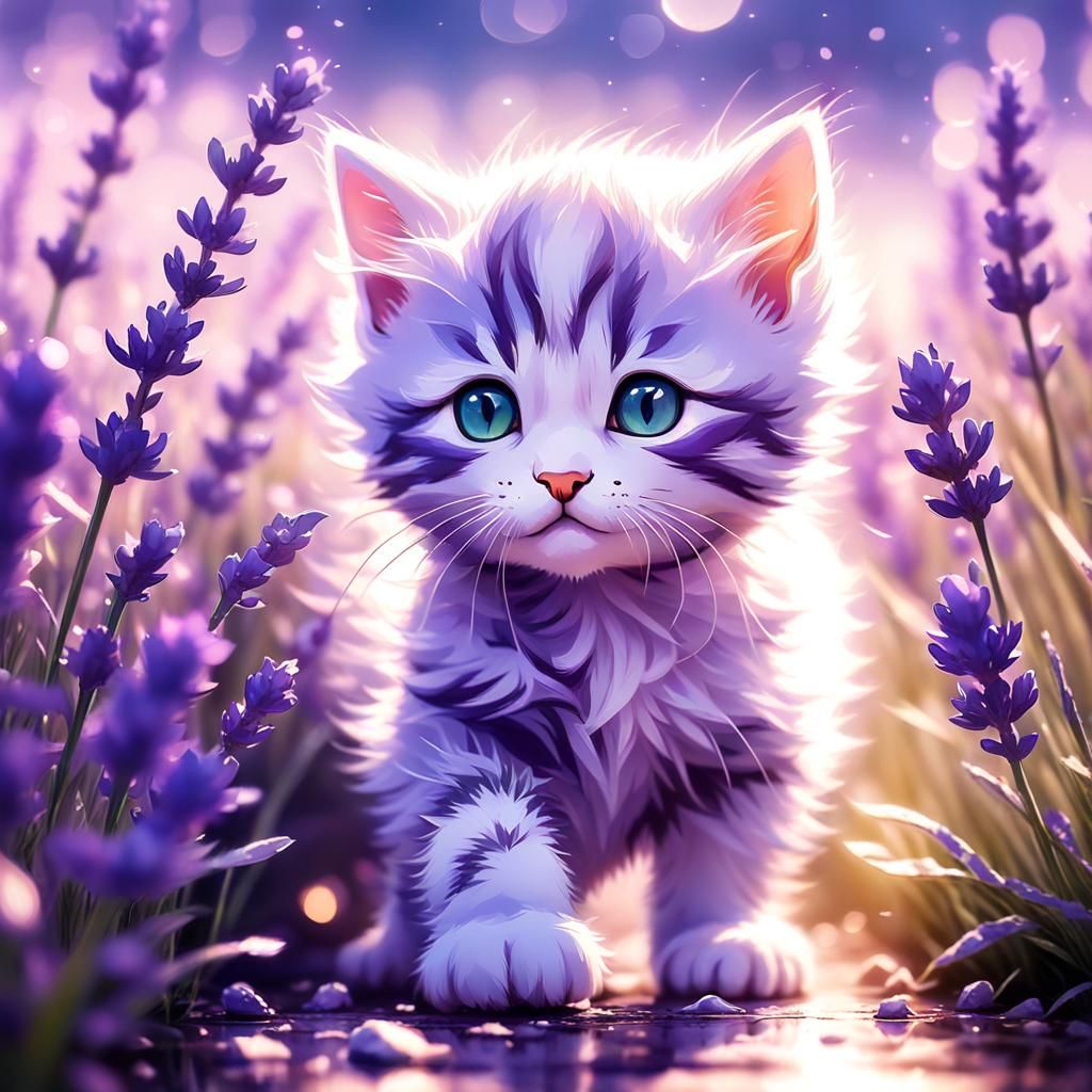 Cute Kitten in Lavender Field: Detailed Digital Art