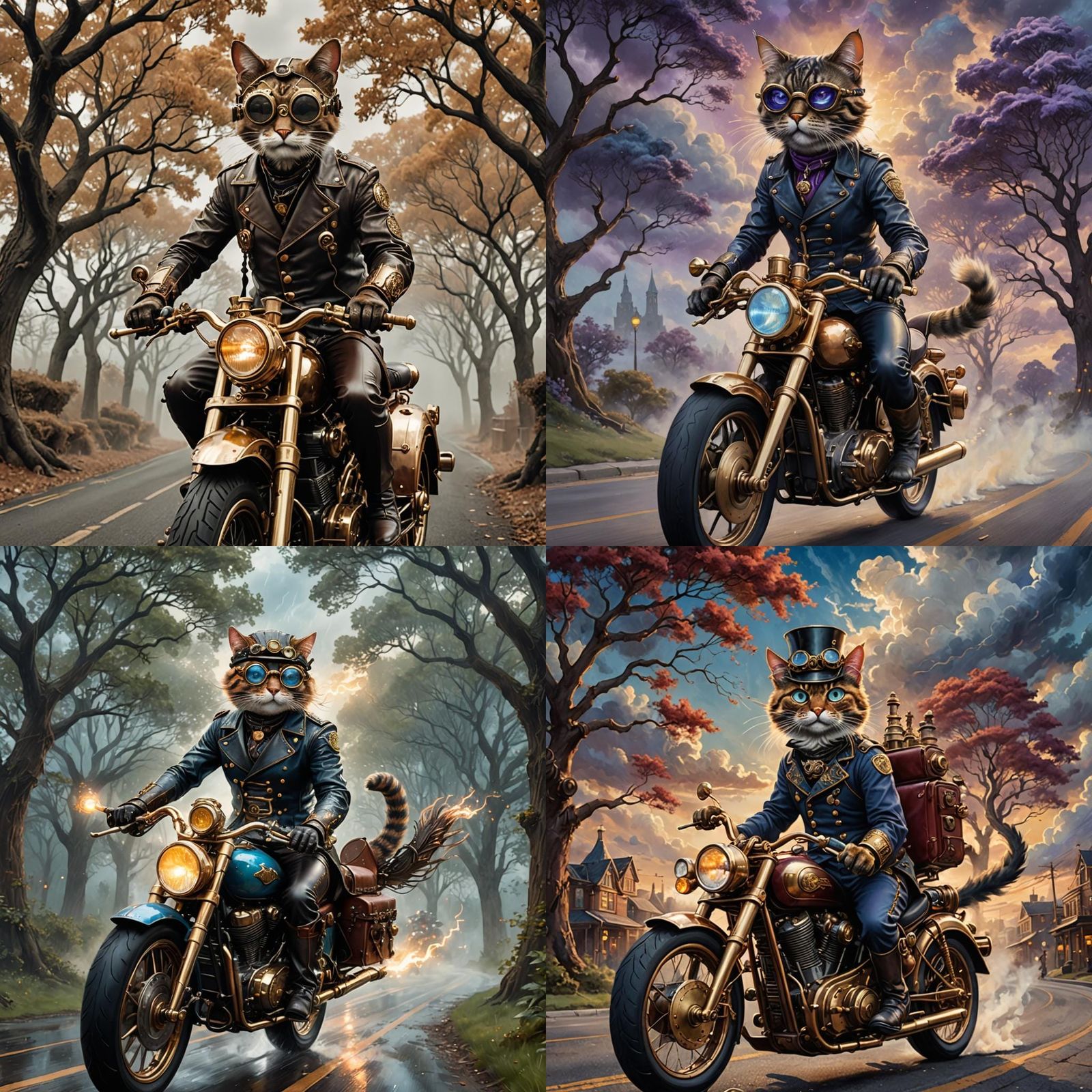 Steampunk Cat on Motorcycle: Detailed Matte Painting