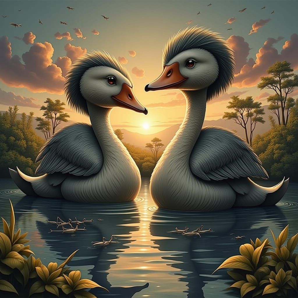 Elegant Swans on African Savanna Lake at Sunset Oil Painting